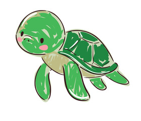 Hand Drawn Cute Cartoon Turtle Isolated on White Background