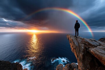 Man on Cliff Edge Watching Ocean Sunset and Rainbow