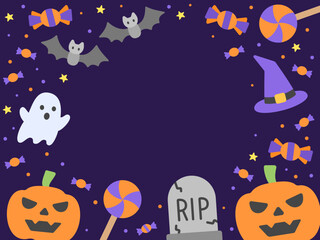 Hand-drawn Halloween background frame featuring pumpkins, candies, bats, witch hats, and a gravestone on dark purple background. Perfect for spooky party invitations or festive greetings.