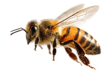 Close-up view of honeybee showing its striped abdomen, wings, and hairy body isolated on white