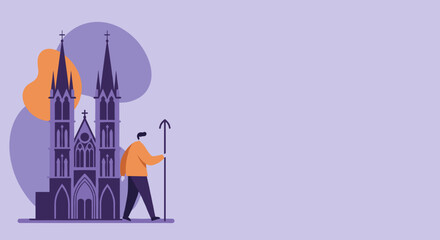 Traveler with staff stands before a majestic Gothic cathedral, symbolizing spiritual journey, historical exploration, or architectural heritage. Ideal for travel and culture. © D'Contributor