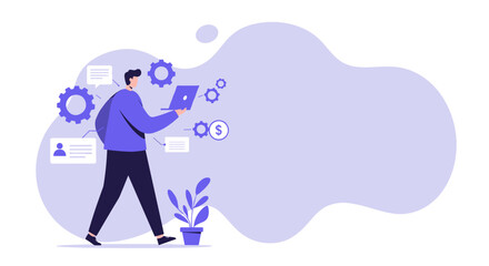 Man with laptop, surrounded by gears and data, illustrating business process management, digital workflow, and technological solutions. Ideal for modern business, finance, and technology.