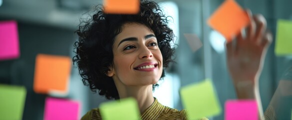 The Woman Leading a Colorful Post-It Brainstorm Session in a Modern Office