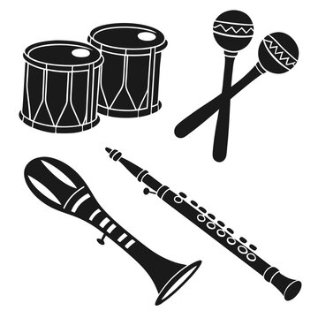 Drums maracas clarinet and horn musical instruments