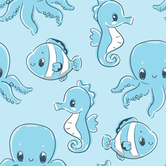 Hand Drawn Cute sea animals seamless pattern, hand drawn vector illustration © Alsu Art