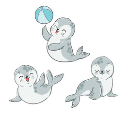Hand Drawn Cute baby seals playing with ball, marine Vector Illustration
