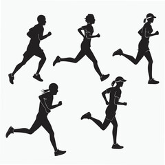 Five black running silhouettes on white sport athletes