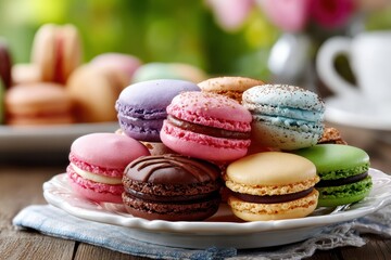 Obraz premium Colorful macarons on a plate outdoors