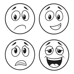 Four cartoon faces expressing different emotions happy bored