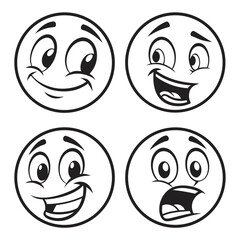 Four cartoon faces expressing emotions expressions happy