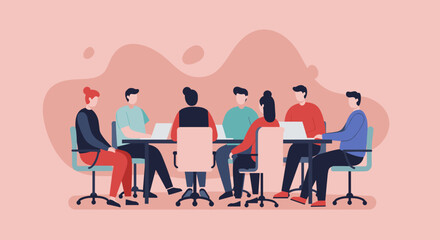 Diverse business team collaborating in a modern meeting room with laptops. Fosters teamwork, communication, and innovative strategic planning in a professional environment.