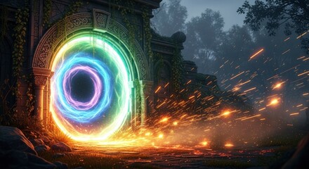 An ancient stone archway overgrown with vines frames a glowing colorful energy portal emanating sparks onto a rugged path in a misty forest