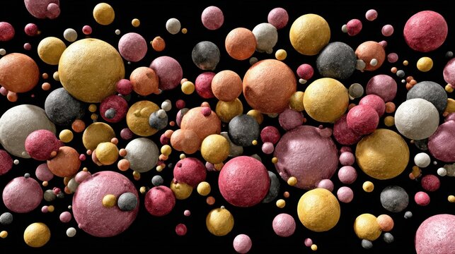Varied-sized, textured spheres in shades of pink, gold, gray, and yellow, scattered on a black background