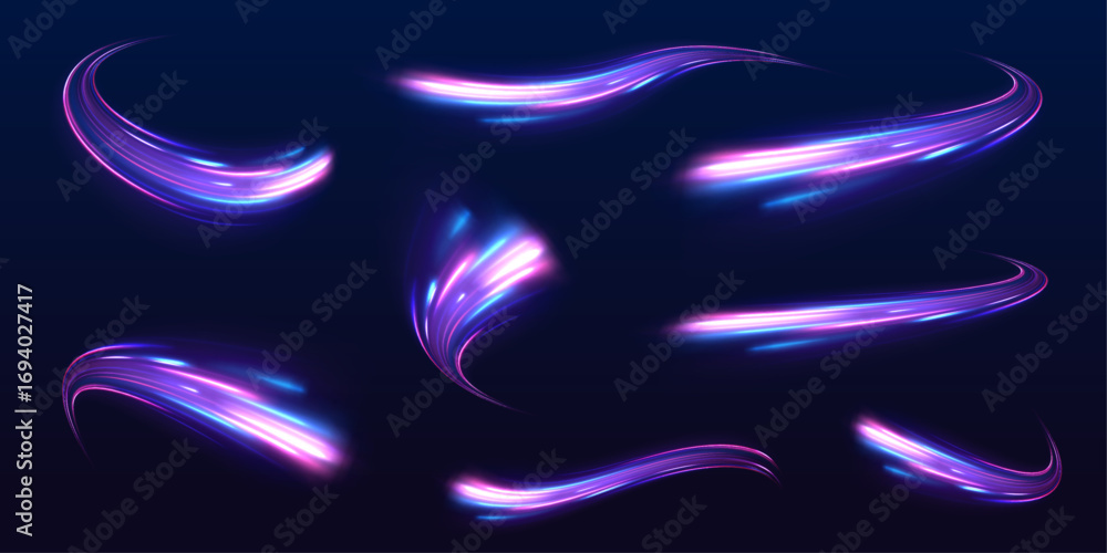 Wall mural big set neon line as speed or arc, turn, twist, bend in light effect. futuristic dynamic motion tech