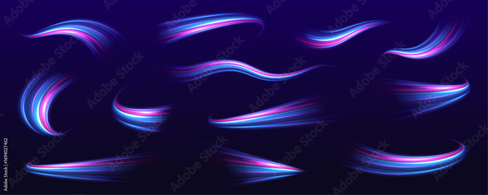 Poster set of glowing speed spirals on dark background for your neon design. abstract vector fire circles, 