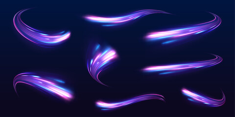 Big set neon line as speed or arc, turn, twist, bend in light effect. Futuristic dynamic motion technology. Neon color glowing lines background, high-speed light trails effect.  © ikril