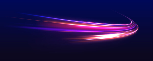 Abstract image of speed motion on the road. Vector glitter light fire flare trace. Dark blue abstract background with ultraviolet neon glow, blurry light lines, waves