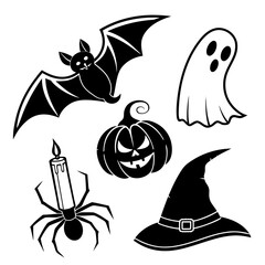 Obraz premium Halloween bat ghost pumpkin spider candle witch hat vector