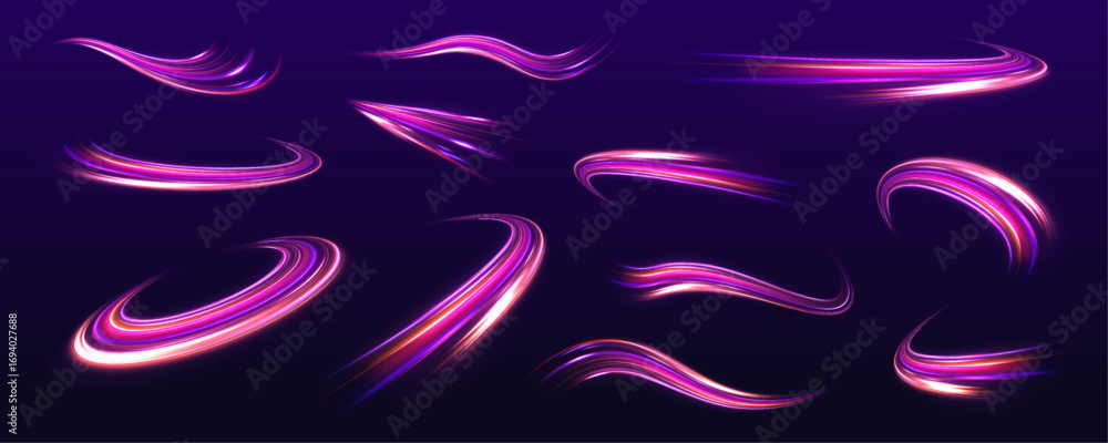 Poster set of glowing speed spirals on dark background for your neon design. abstract vector fire circles, 