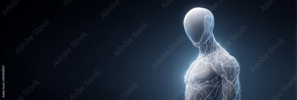 Aufkleber glowing futuristic wireframe human figure is depicted on a dark background, representing advanced co