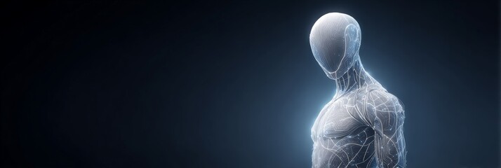 Glowing futuristic wireframe human figure is depicted on a dark background, representing advanced concepts of artificial intelligence, robotics, and technological advancement