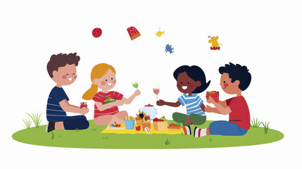Cheerful picnic scene featuring four children enjoying snacks and drinks grassy area. They are smiling and sharing food
