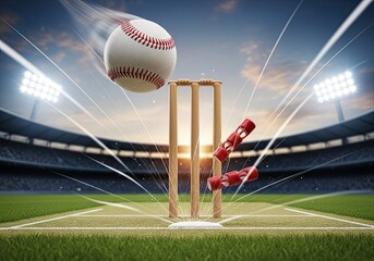 Illustration of a dynamic cricket scene with a baseball in midair, hitting wickets at a stadium with bright lights and cheering crowd