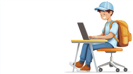 Cheerful boy with backpack sits at desk using laptop, showcasing modern learning environment
