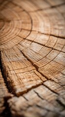 Fototapeta premium Close-up view of a tree trunk section, showcasing rings, cracks, and texture. Natural, earthy tones dominate the image