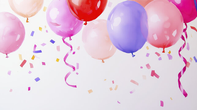 Colorful balloons float above festive scene, surrounded by vibrant confetti, creating joyful atmosphere for celebrations