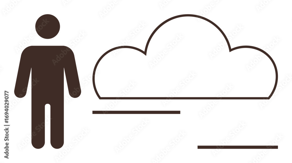 Poster human figure beside a simple cloud silhouette with horizontal lines. ideal for technology, communica
