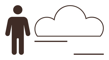 Human figure beside a simple cloud silhouette with horizontal lines. Ideal for technology, communication, cloud computing, networking, data storage, innovation, digital transformation. A simple flat