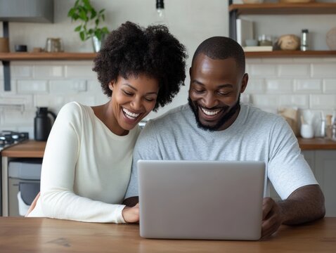 Joyful African American couple using laptop in modern kitchen