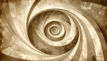 A sepia-toned spiral geometric wallpaper adds a touch of retro vintage flair.