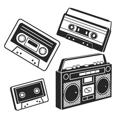 Retro cassette tapes and boombox silhouettes music player vintage