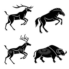 Set of four stylized animal silhouettes ancient art cave painting