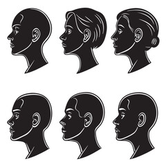 Six black human head profiles side view human profiles head silhouettes