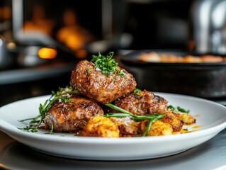 Fototapeta premium Savory meatballs with roasted potatoes in restaurant kitchen