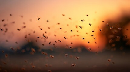 Obraz premium Swarming insects against a vibrant orange sunset create a captivating yet unsettling display, with silhouettes dancing across the dusky sky, blending beauty and threat