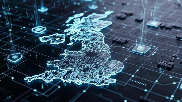 Abstract map of technology connections and circuits in the United Kingdom.