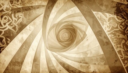 A sepia-toned spiral geometric wallpaper adds a touch of retro vintage flair.