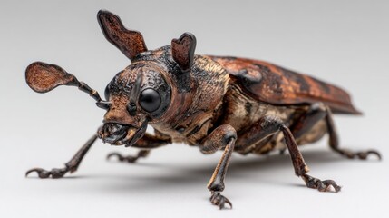 A brown beetle with distinct antennae and legs, set against a neutral background, showcasing intricate details