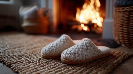 Cozy knitted slippers placed on a woven rug near a warm fireplace in a comfortable living room during winter evenings