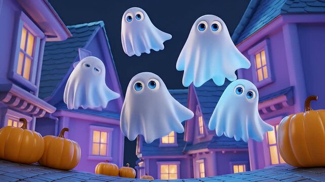 cute ghosts floating above pumpkins on halloween night