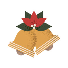 Christmas golden bells with poinsettia flower. Vector geometric illustration of traditional holiday decor