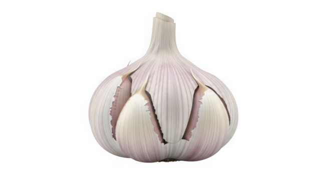 Close-up view of a whole garlic bulb with partially opened cloves revealing creamy texture and subtle pink hues detailed food photography transparent background