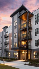 Naklejka premium Modern Apartment Building at Dusk Architectural Design Exterior View.