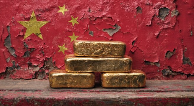 Gold ingots stacked against a weathered Chinese flag