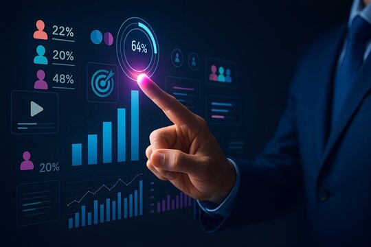 Business Hand in Suit Pointing at Futuristic Holographic Interface with Data Visualizations, User Profiles, and Neon Glowing Elements