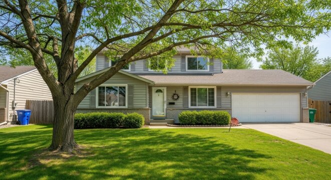 Two-story house, light gray siding, white trim, attached garage, large tree shading front yard, lush green lawn, neatly trimmed bushes